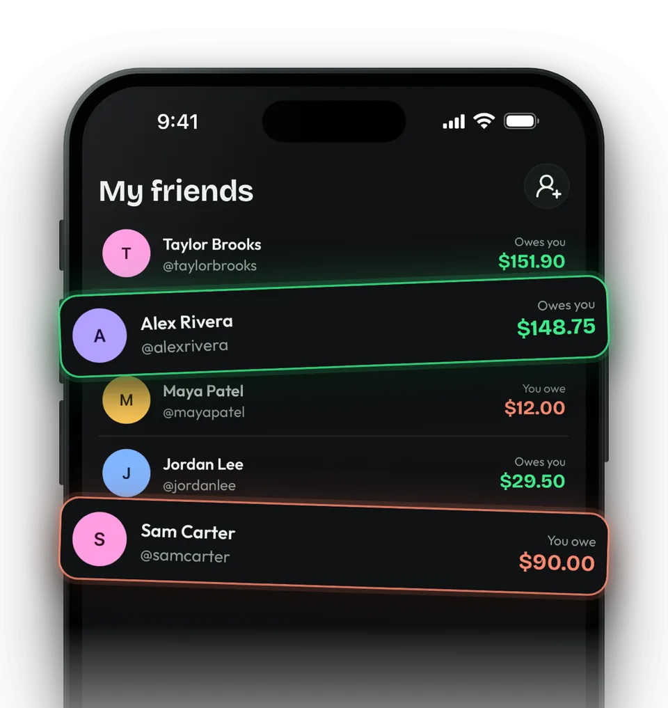 Friends list: Alex Rivera owes you $148.75 and you owe Sam Carter $90.00.