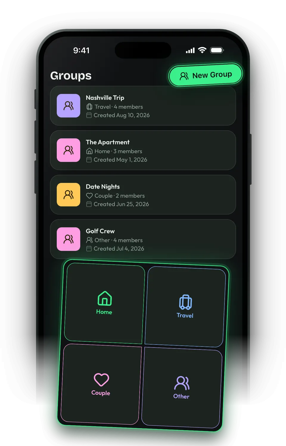 Groups list with a New Group button and the Home, Travel, Couple and Other group types.