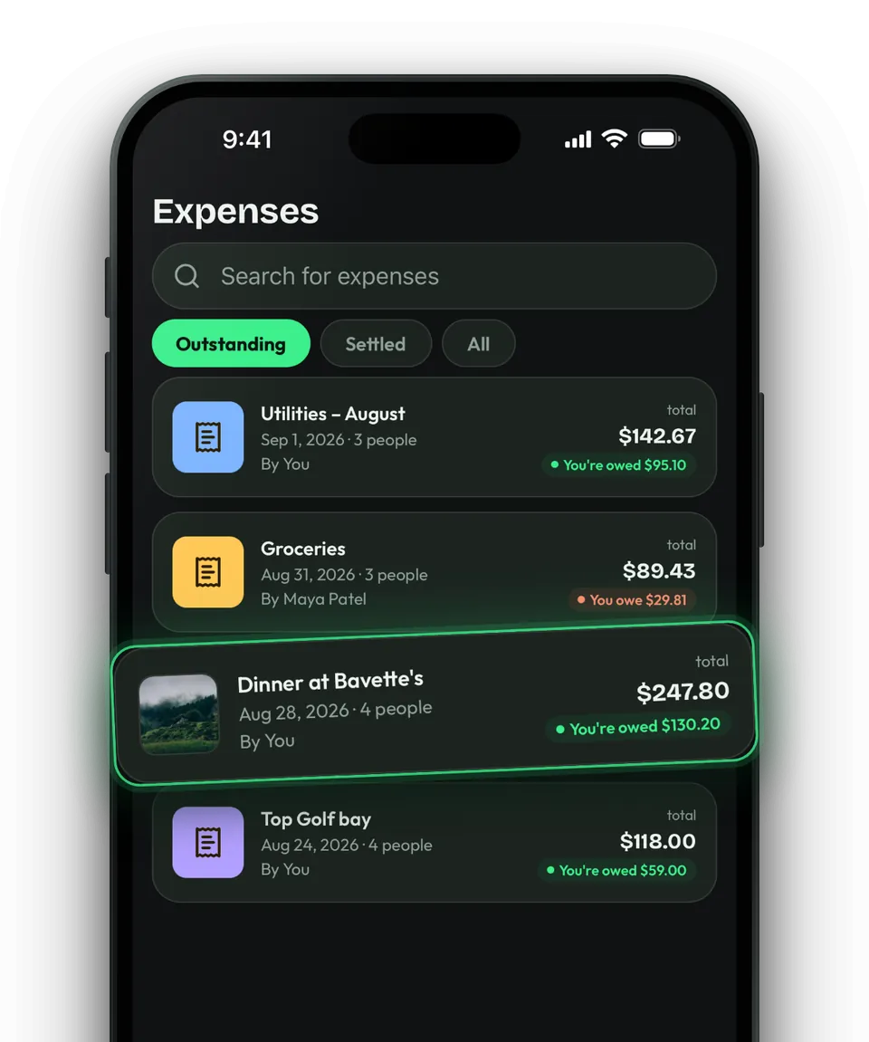Divly's Expenses screen on iPhone with Dinner at Bavette's lifted out: $247.80 total, you're owed $130.20.